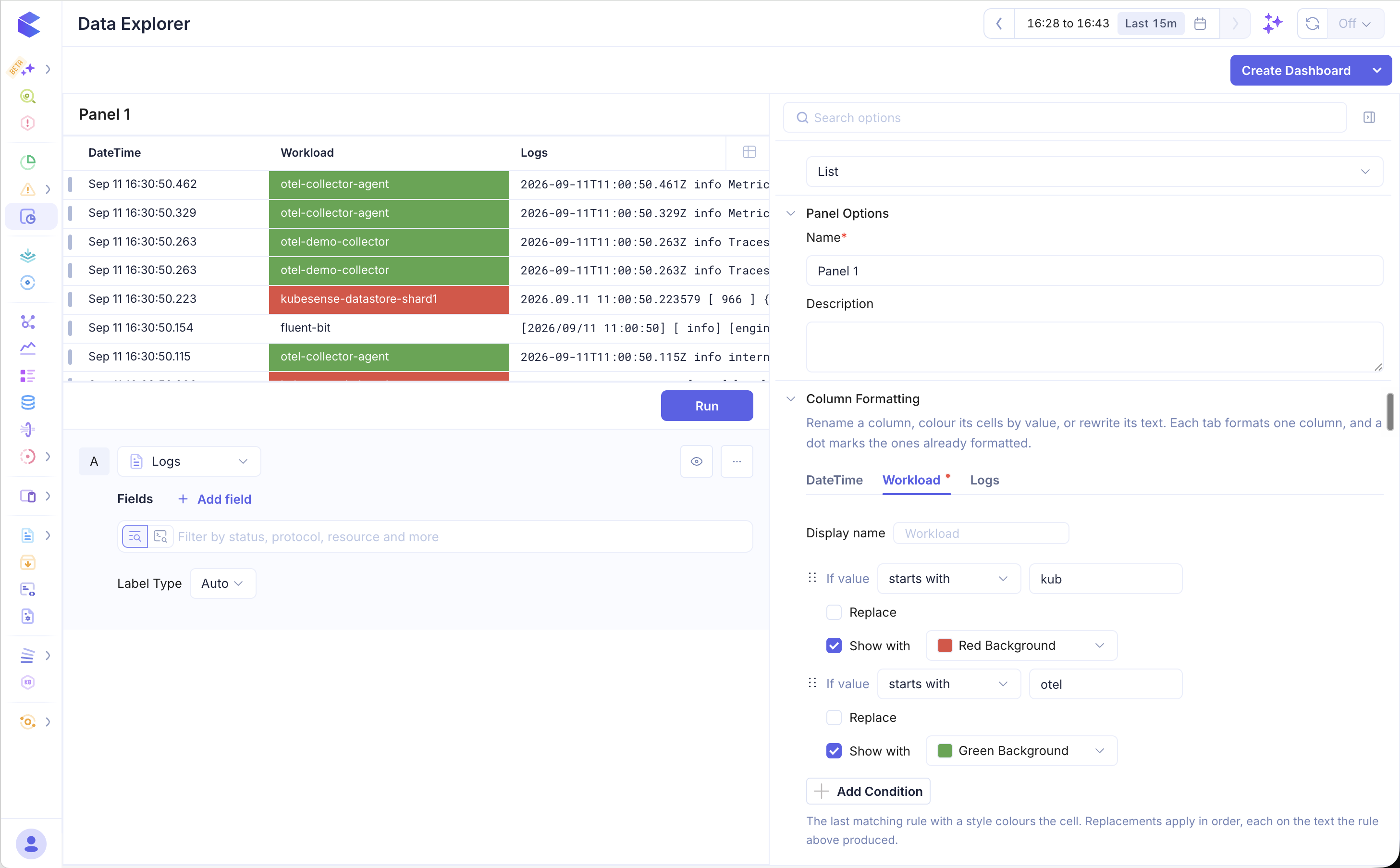 A list panel with two text rules colouring the Workload column