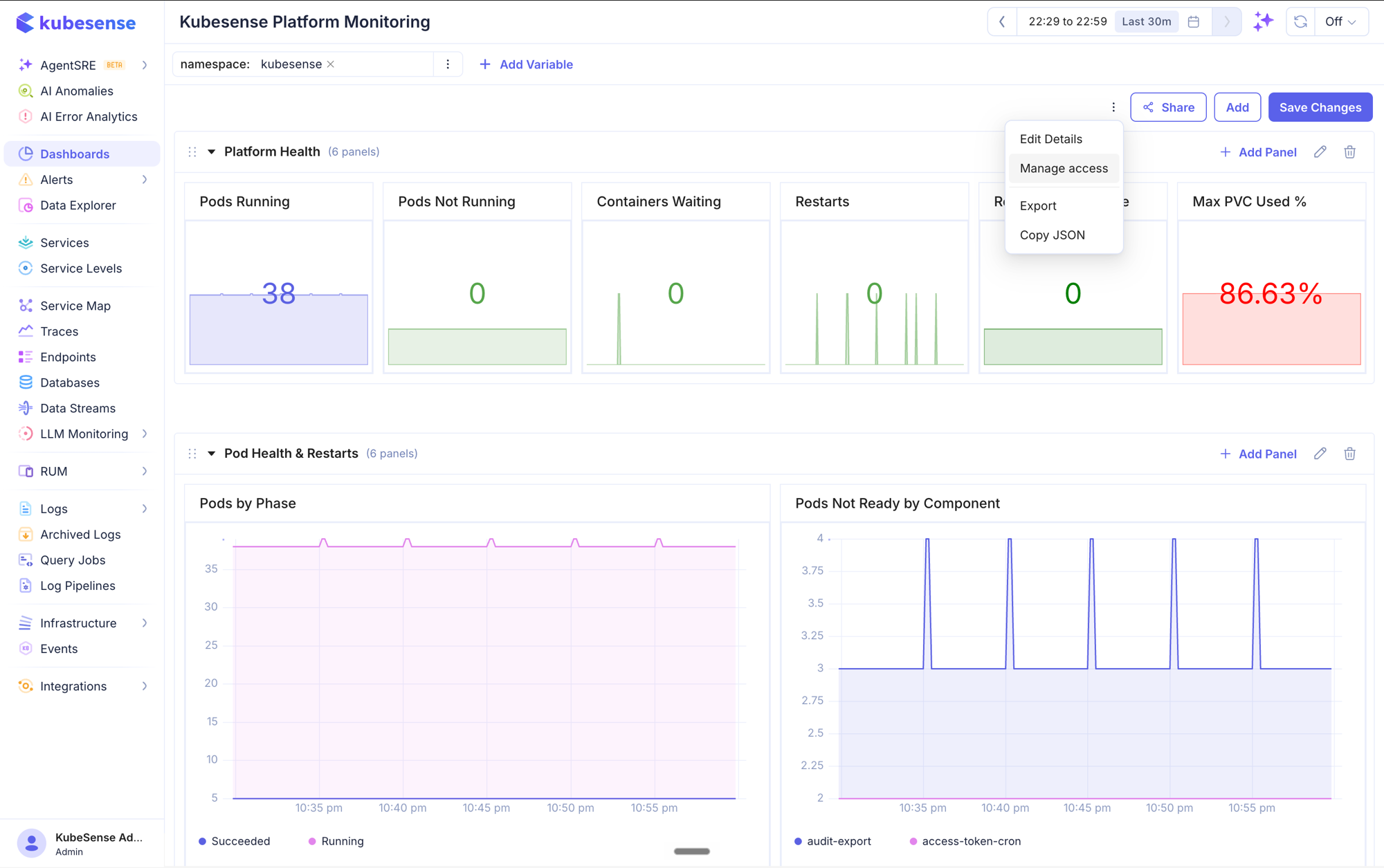 Manage access in the dashboard menu