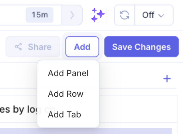 The Add menu with Add Panel, Add Row and Add Tab