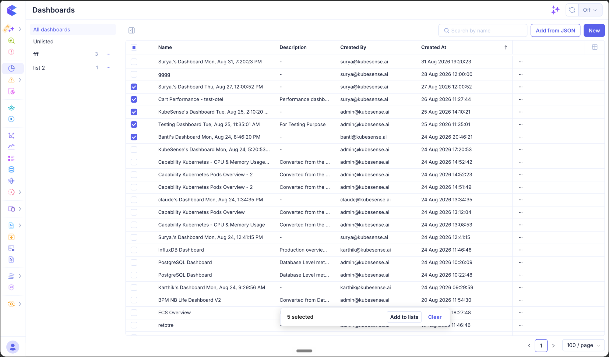 Adding several dashboards to lists