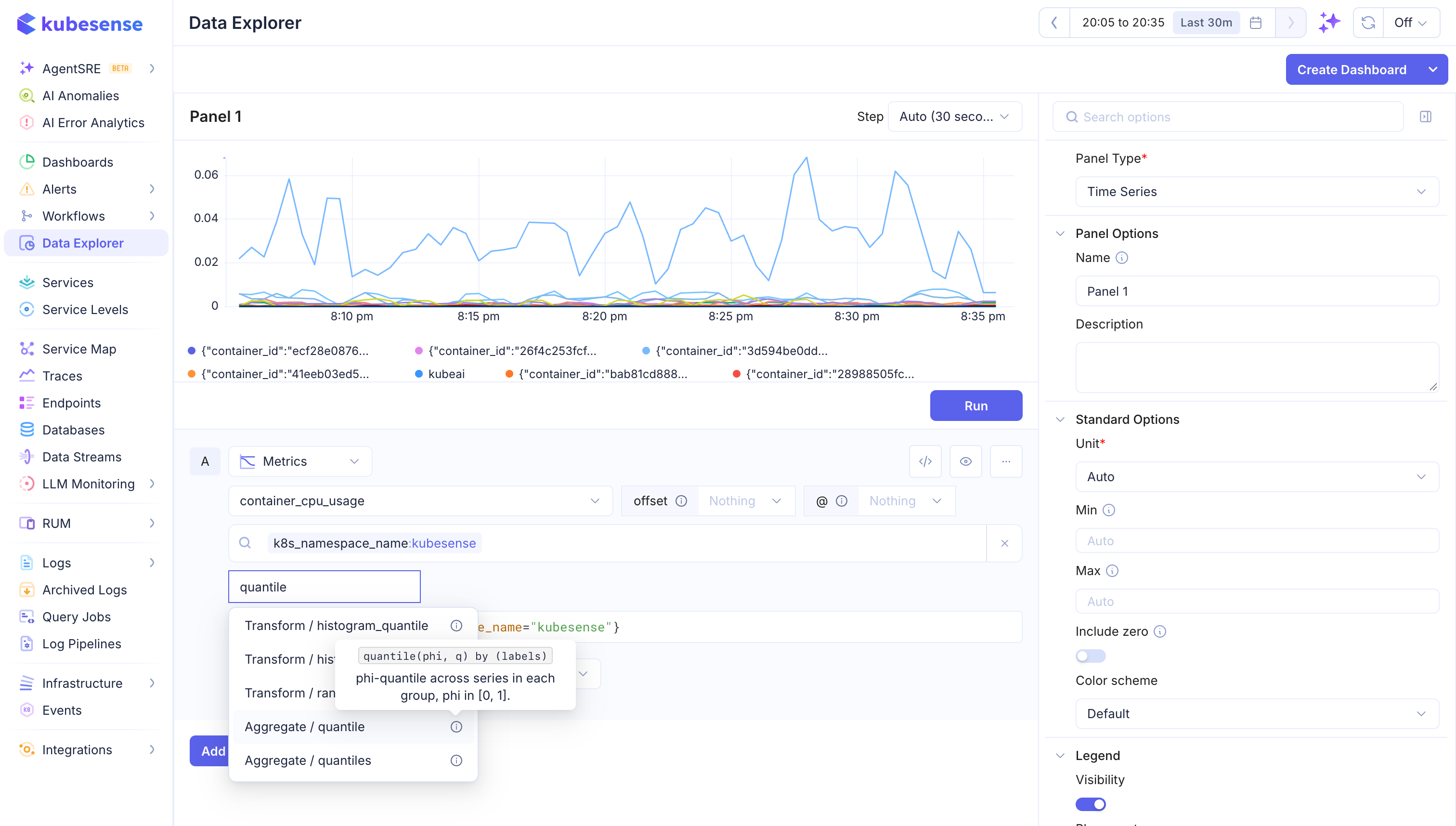 Add Function searched for "quantile", with the tooltip open on Aggregate / quantile