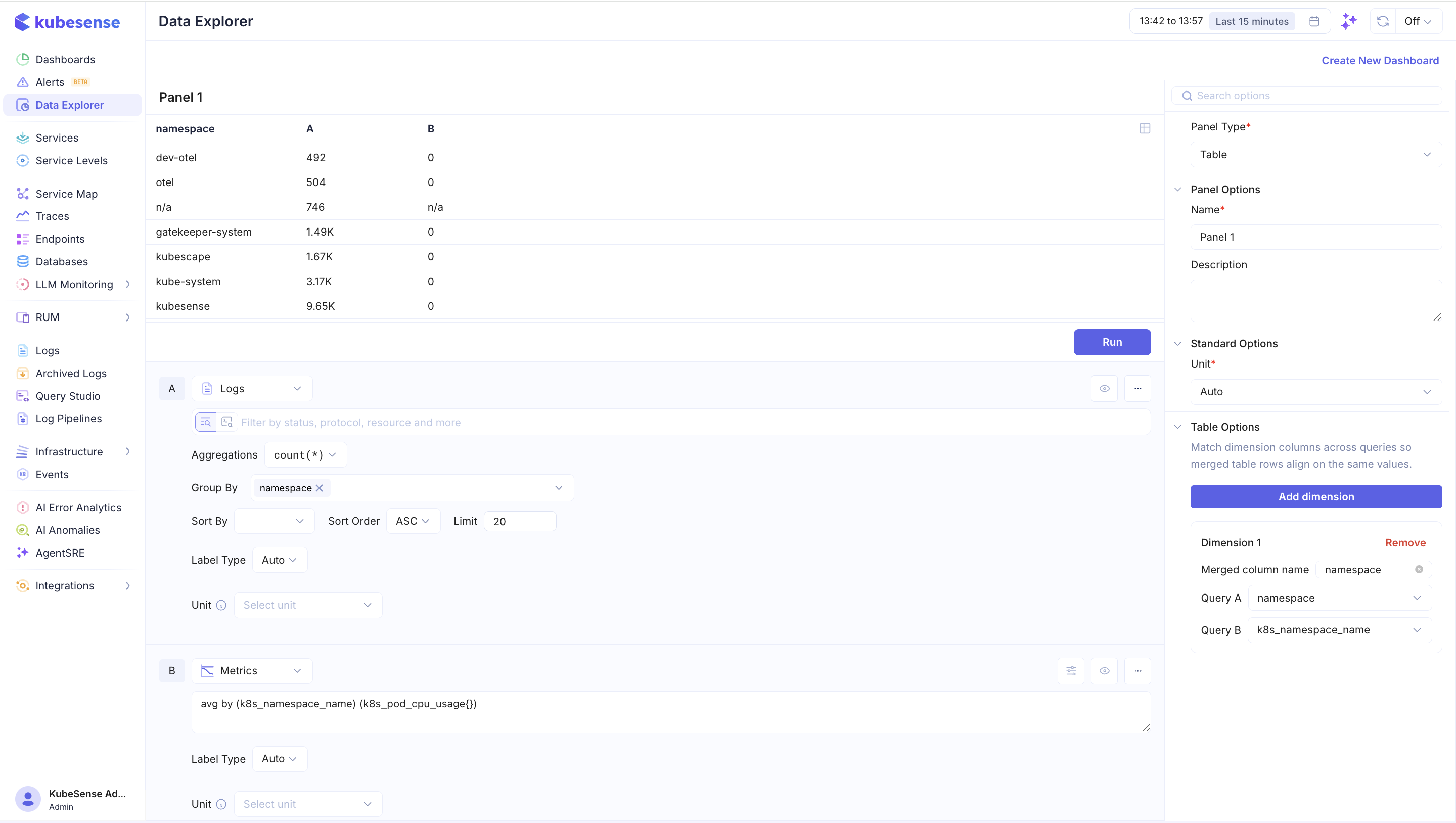 Dimensions aligning columns across Logs and Metrics queries