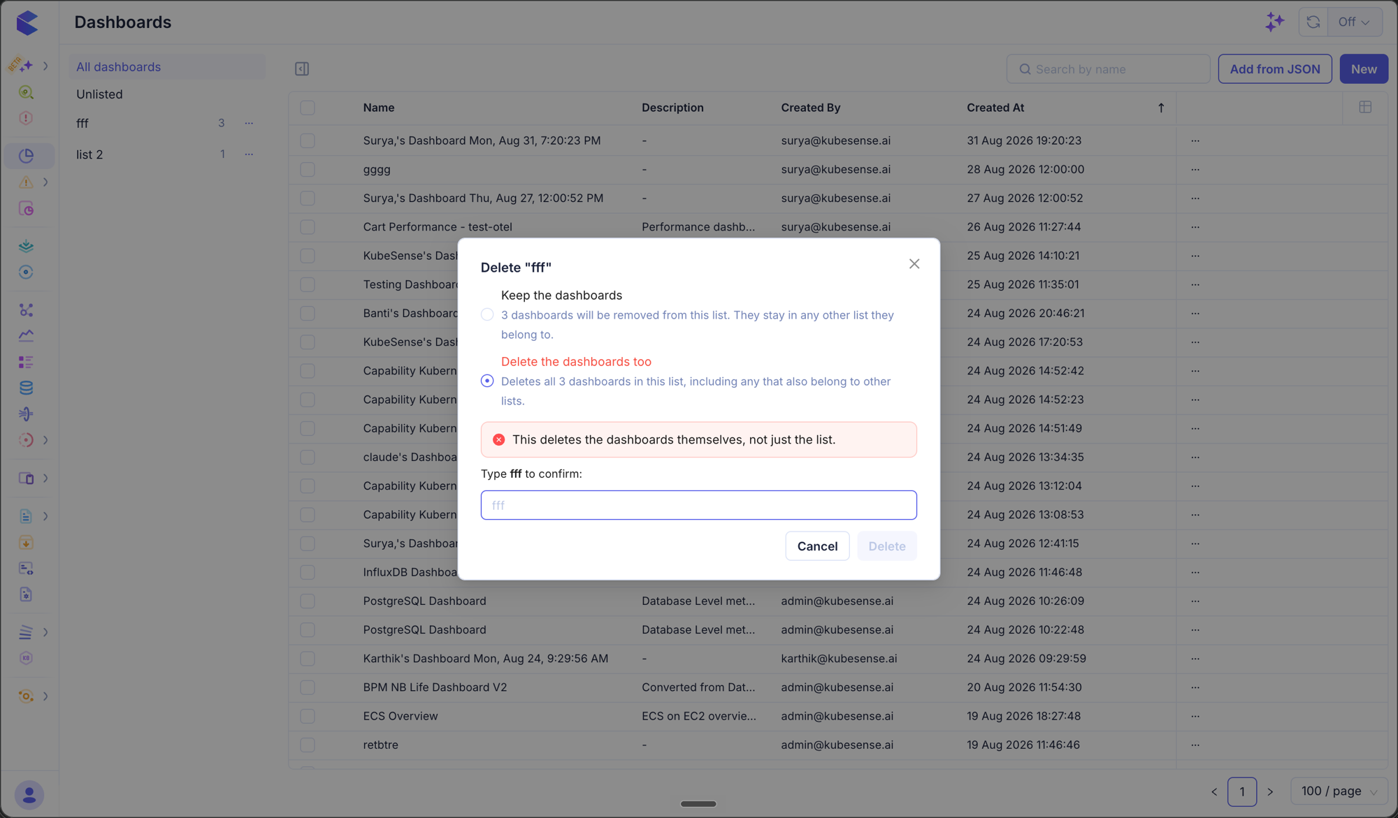 Deleting a list and its dashboards