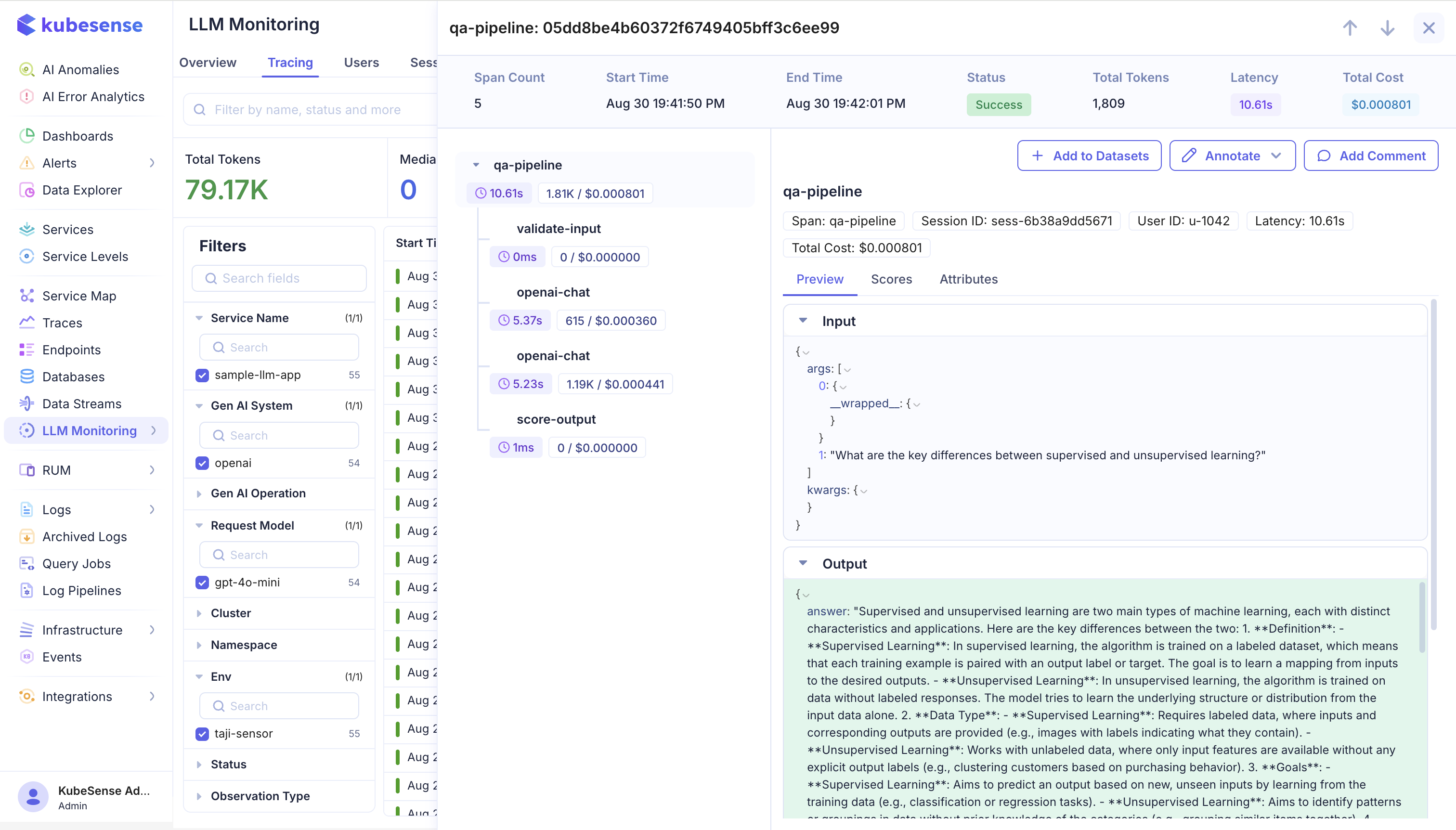 Adding a dataset item from the trace detail page
