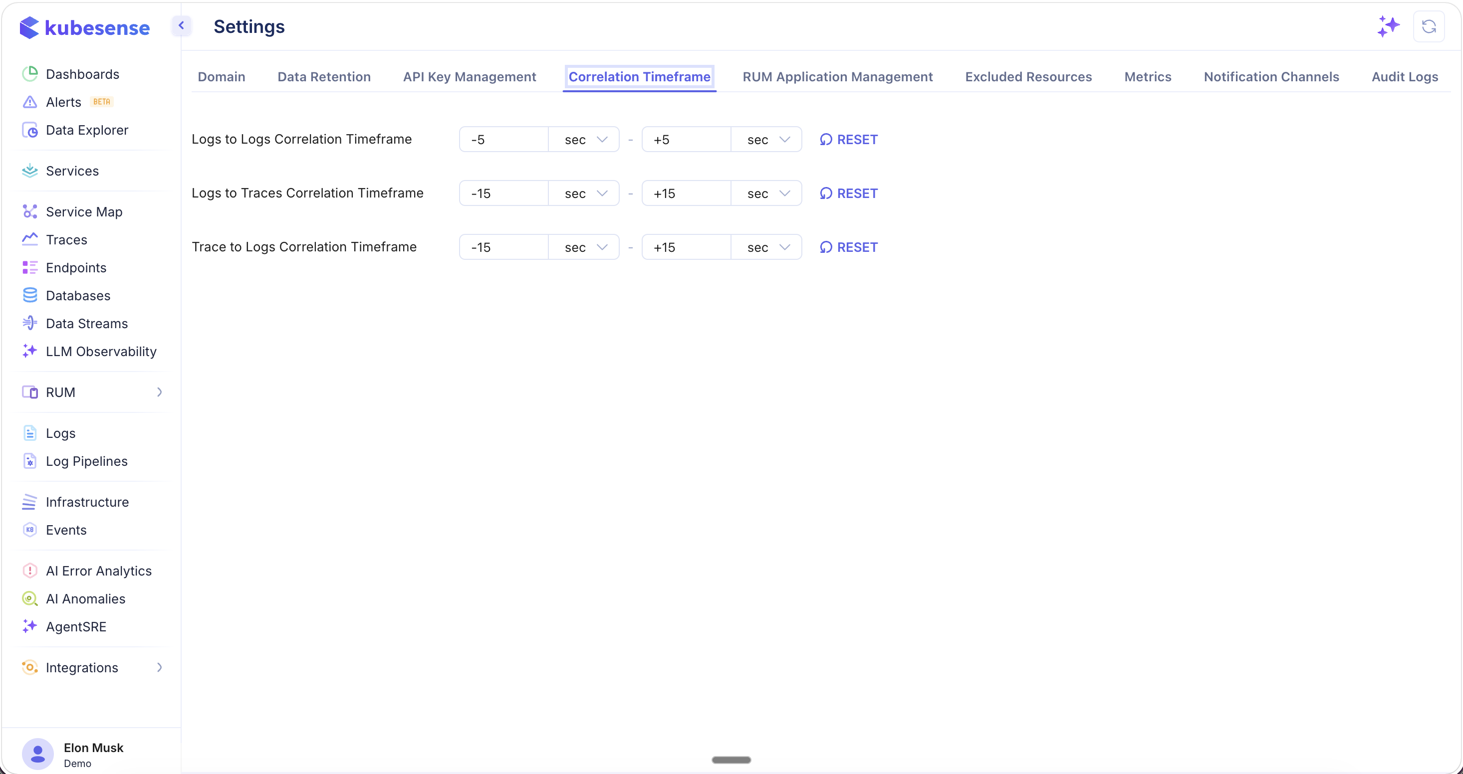 Settings — Correlation Timeframe