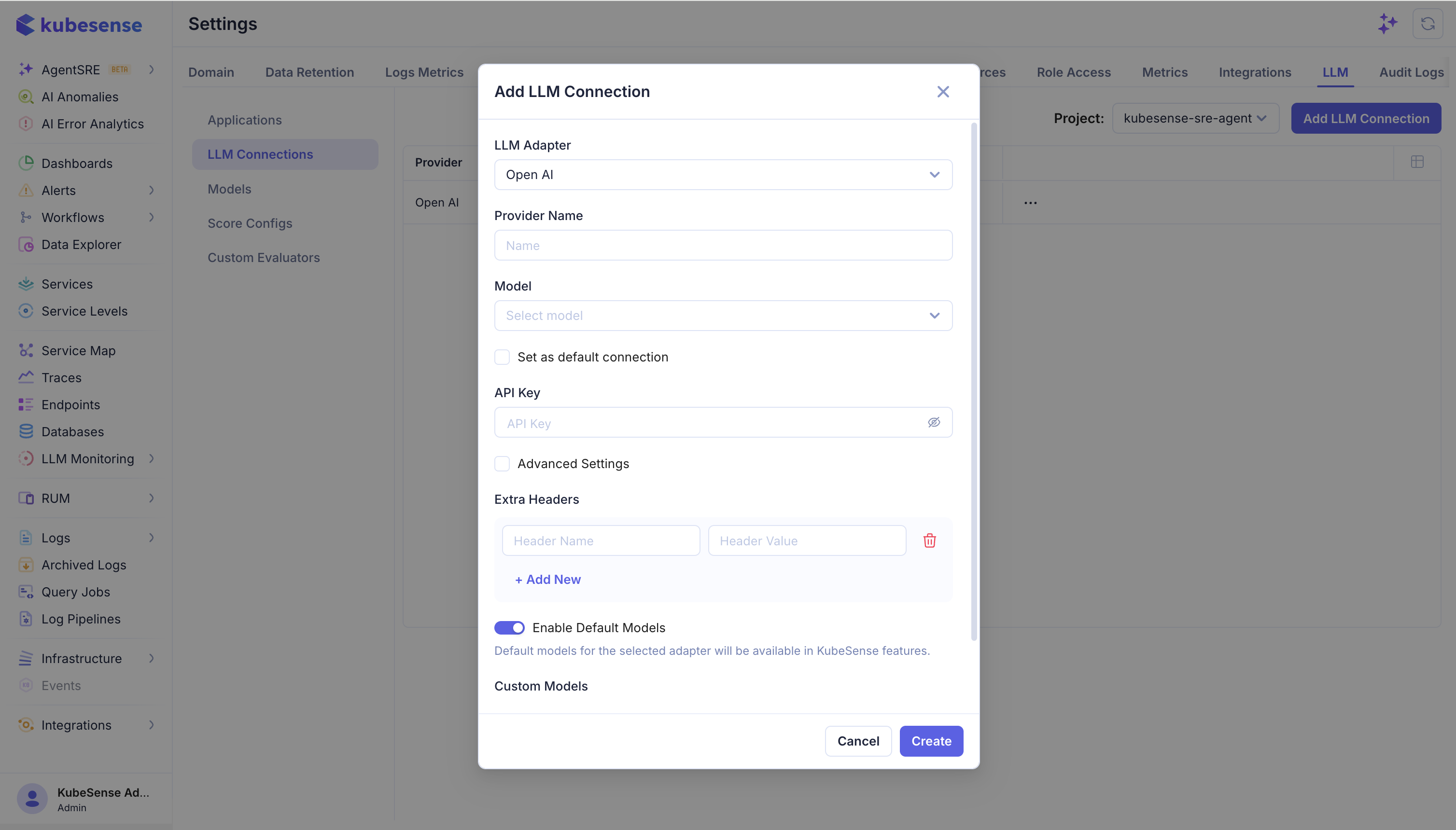 Create LLM connection form