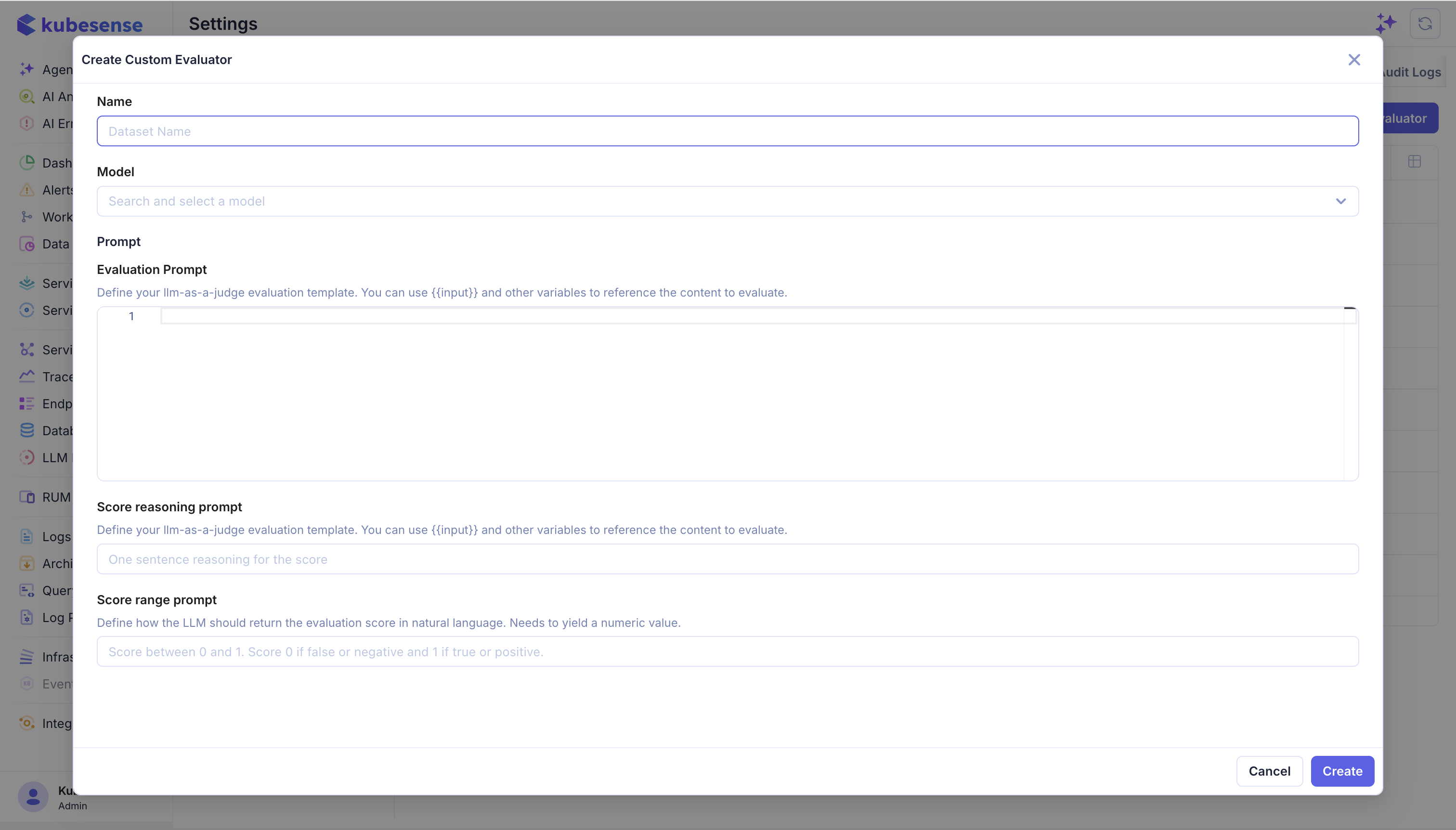 Create Custom Evaluator form