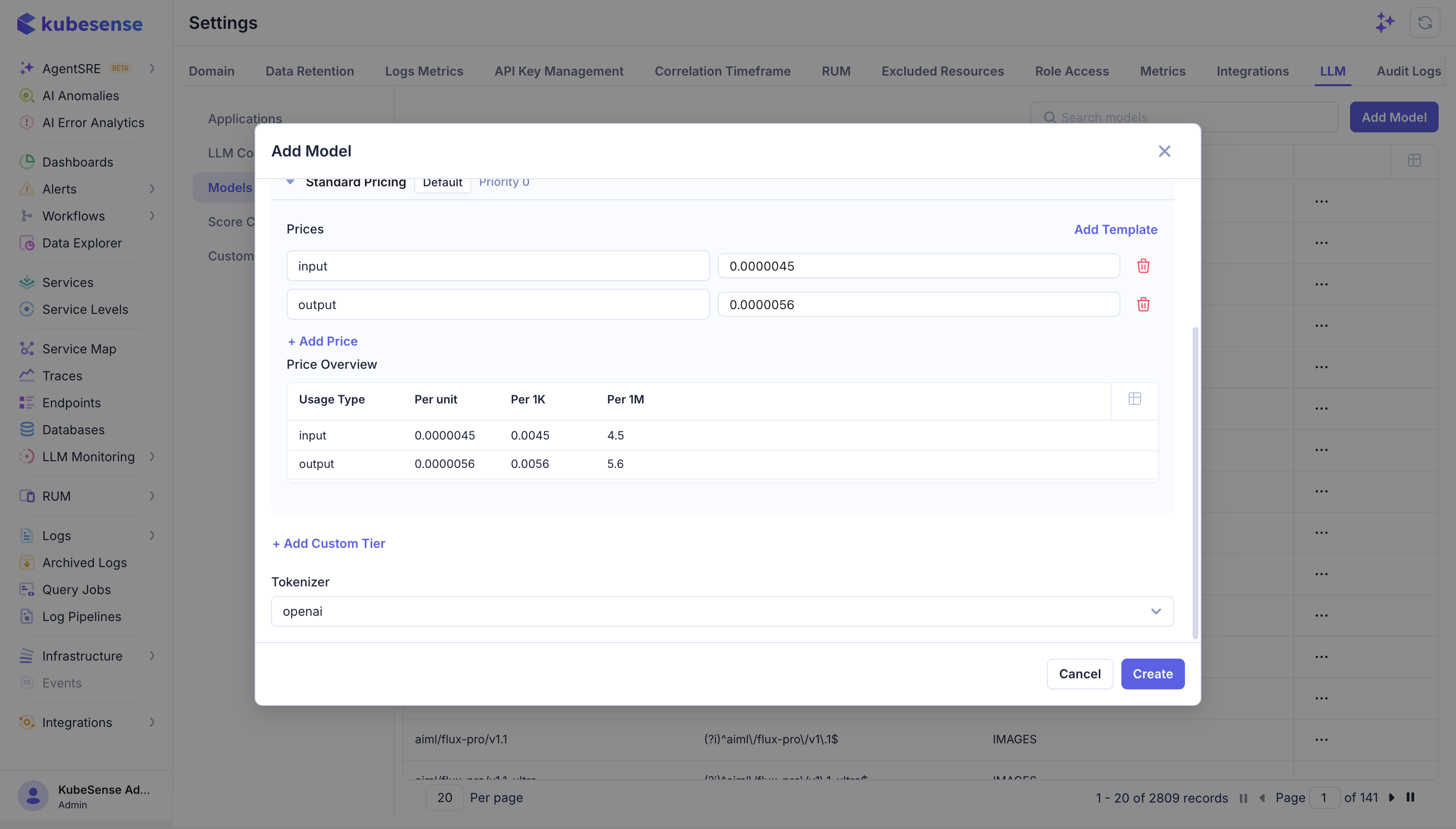 LLM model pricing form