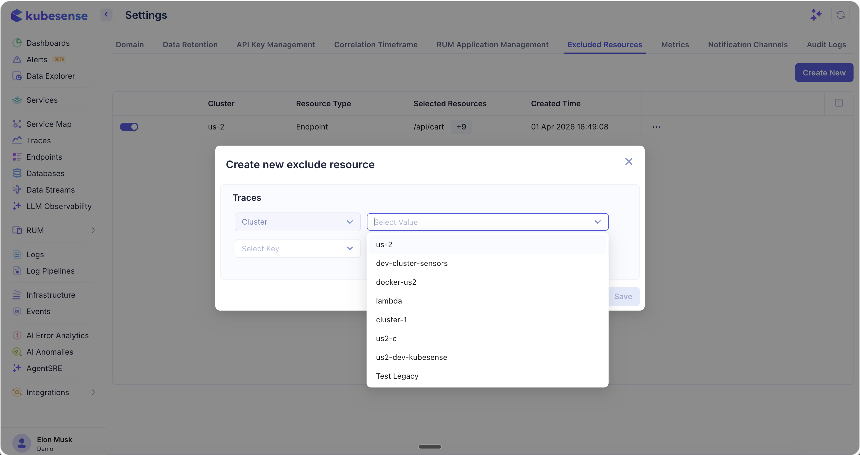 Settings — Create Exclusion