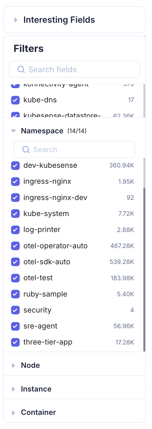 Filter Panel — Namespace, Node, Instance, Container