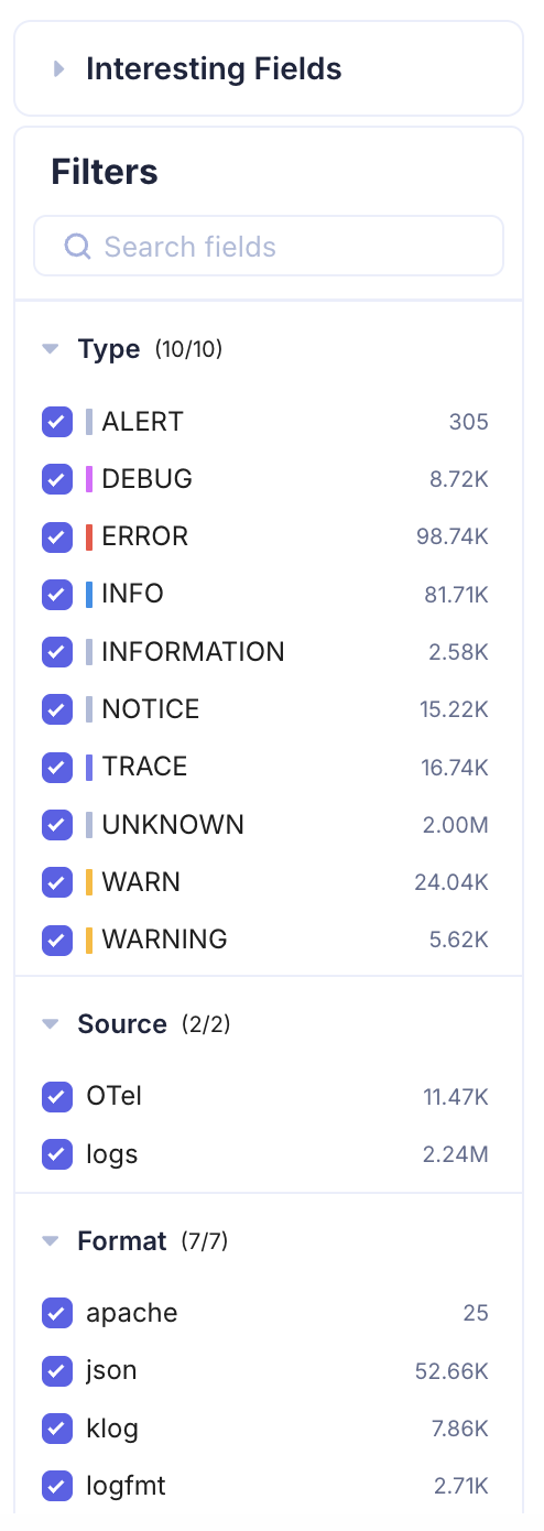 Filter Panel — Type, Source, and Format