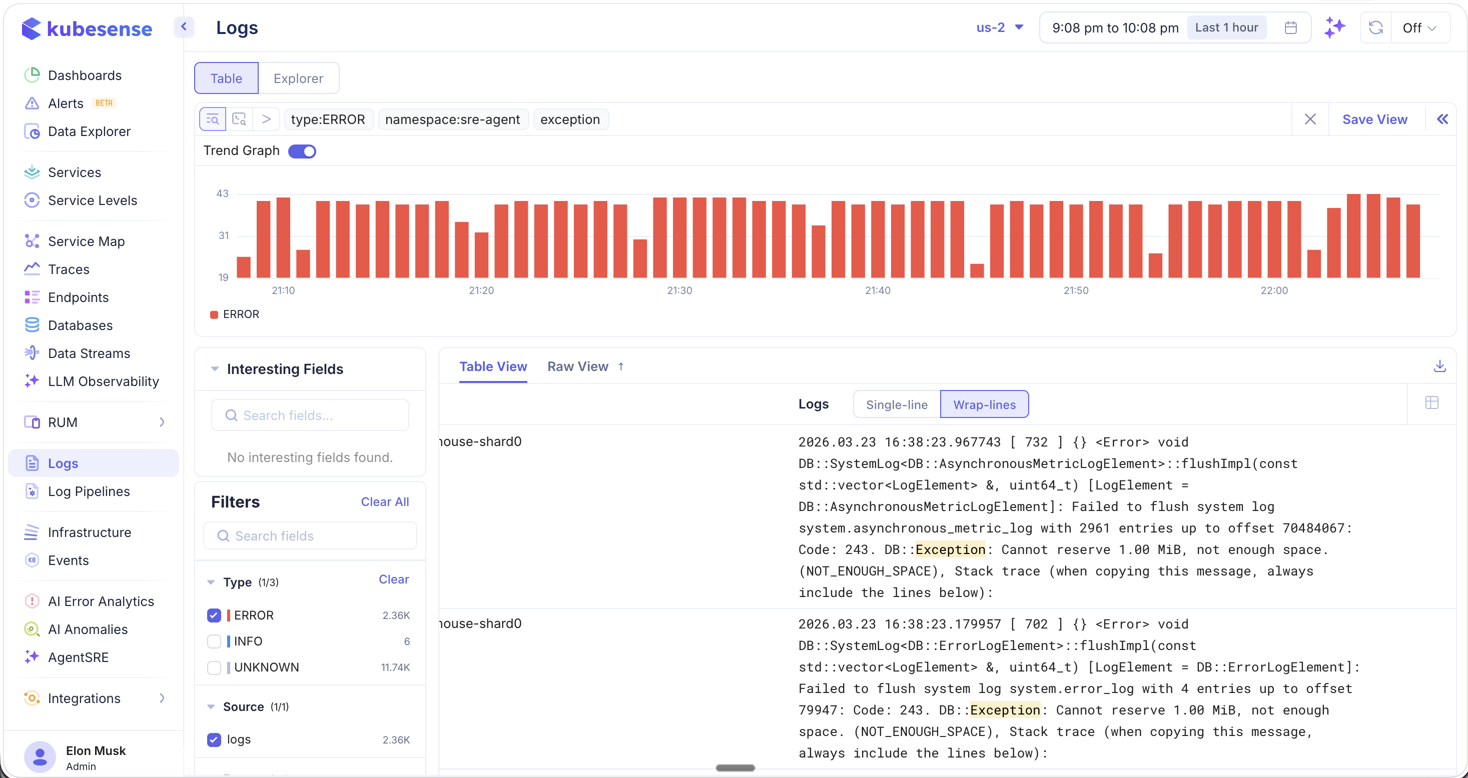 Wrap-lines View — Full log messages with keyword highlighting