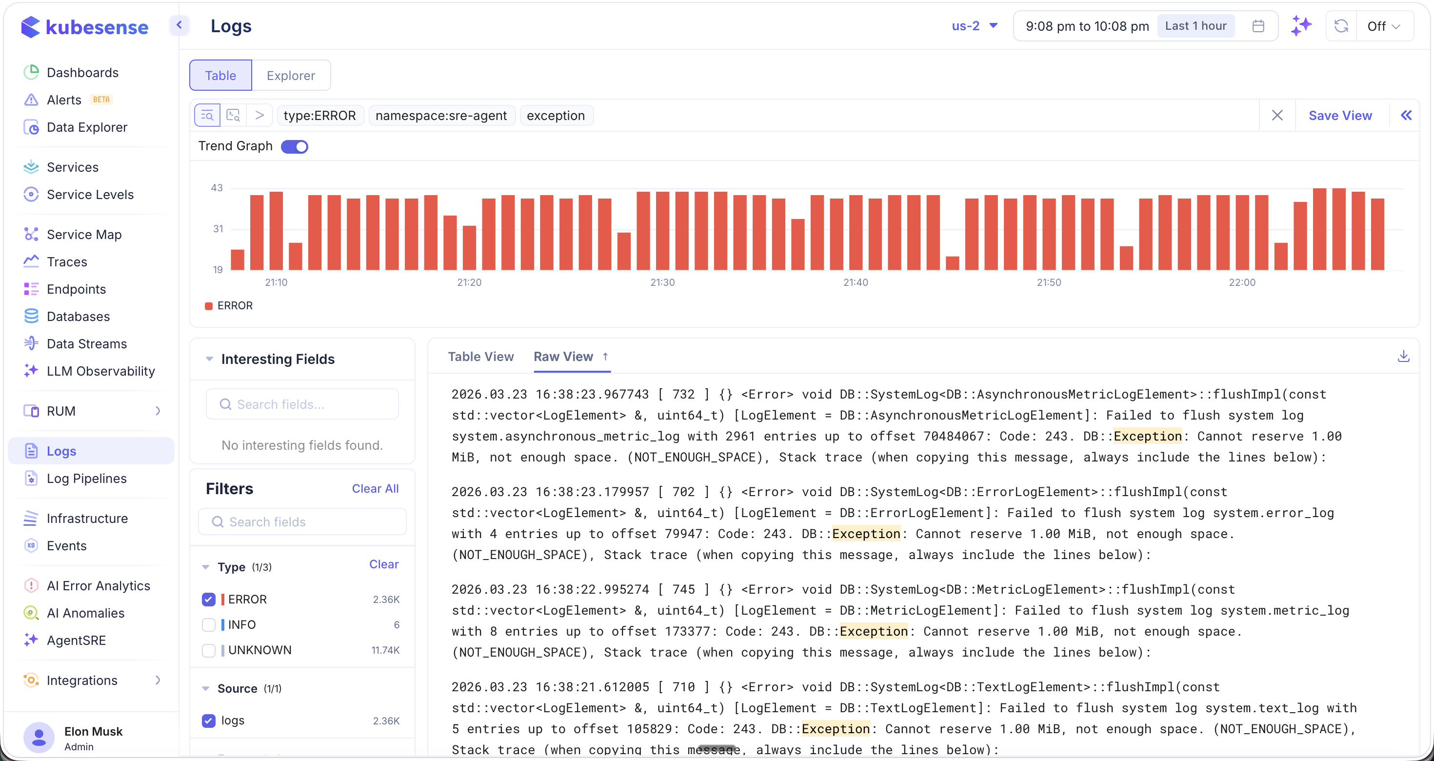 Raw View — Continuous log output
