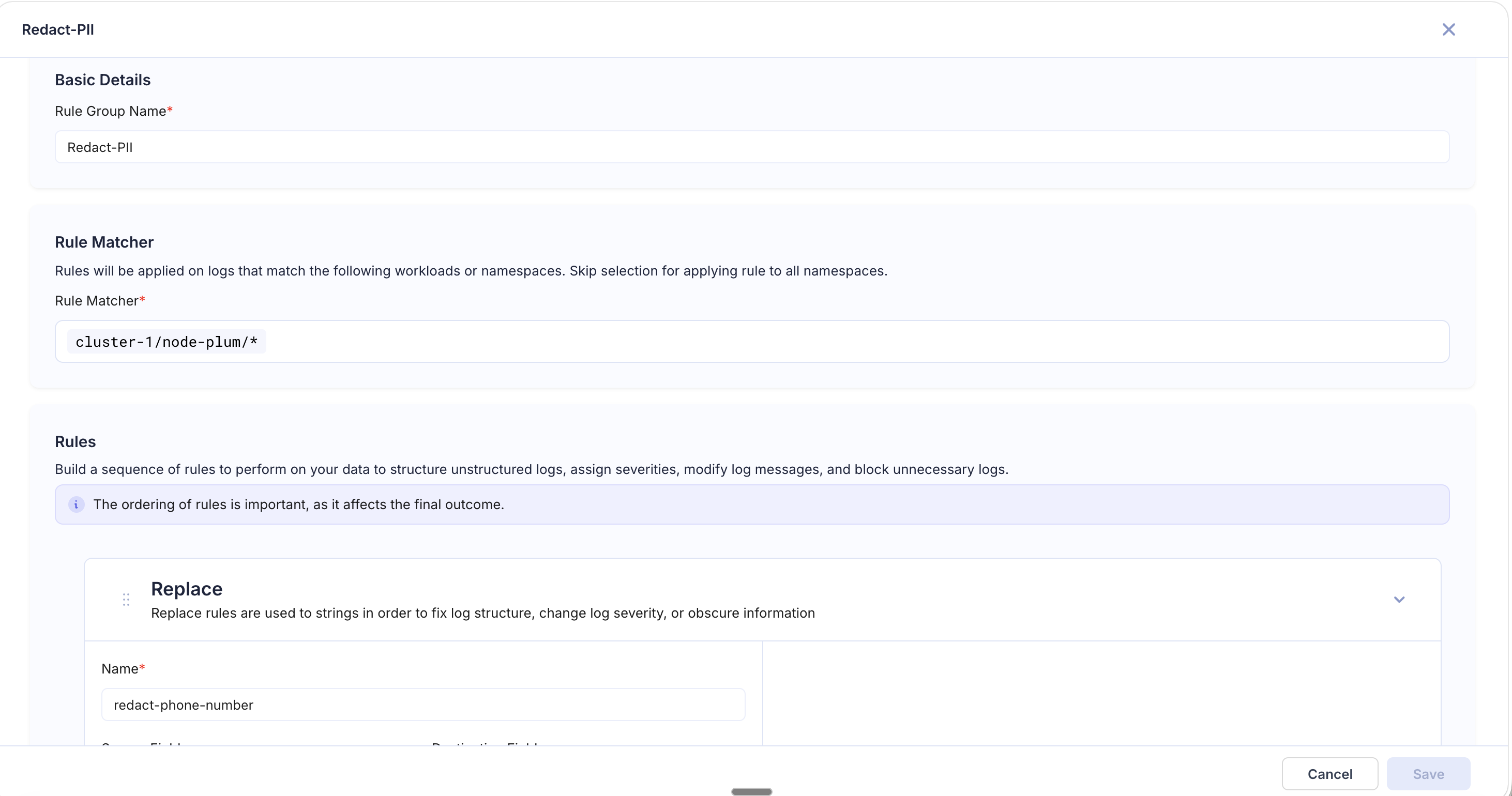 PII Redaction Pipeline — Replace rule with phone number masking