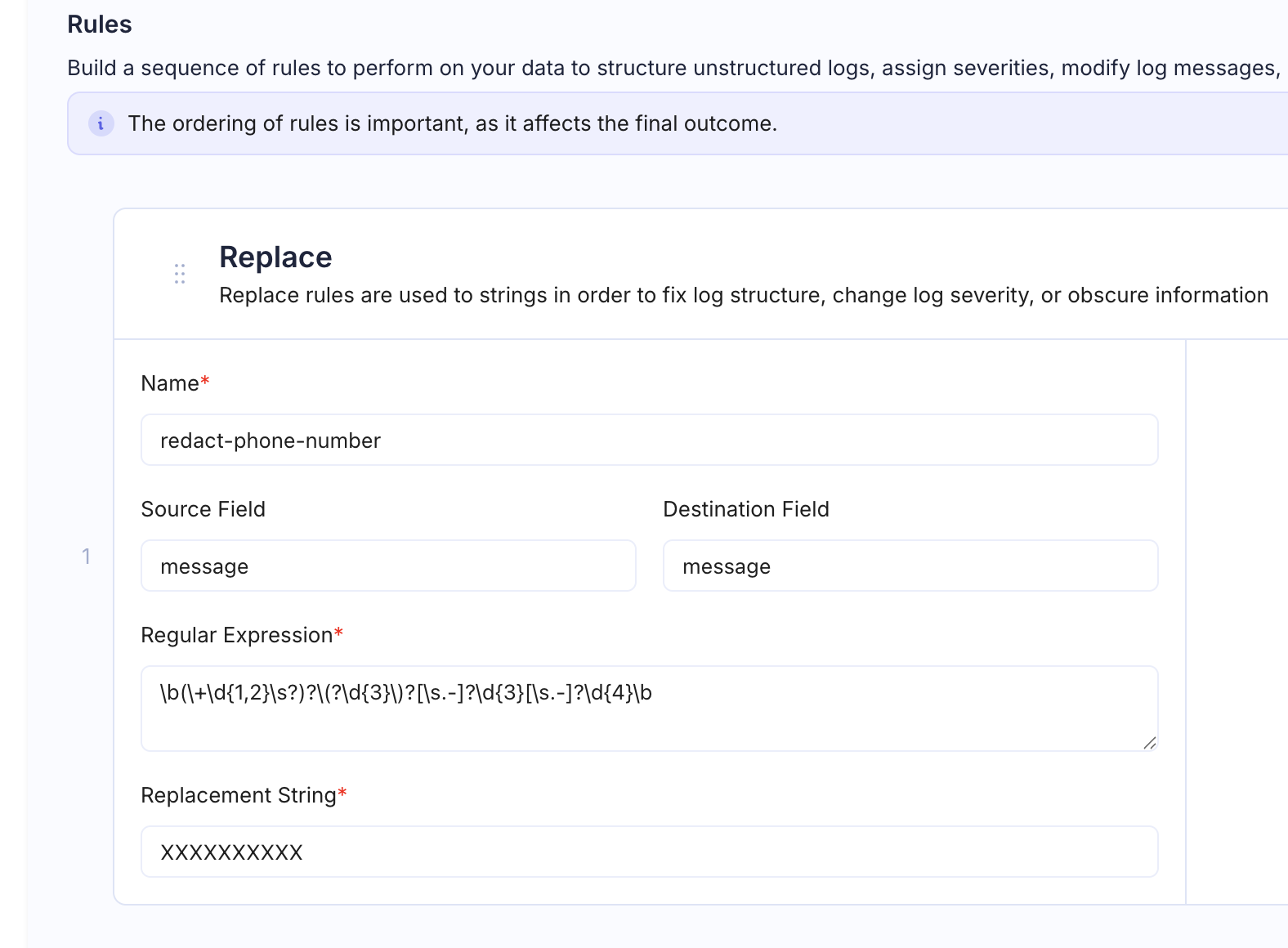 Replace Rule Configuration — Phone Number Redaction