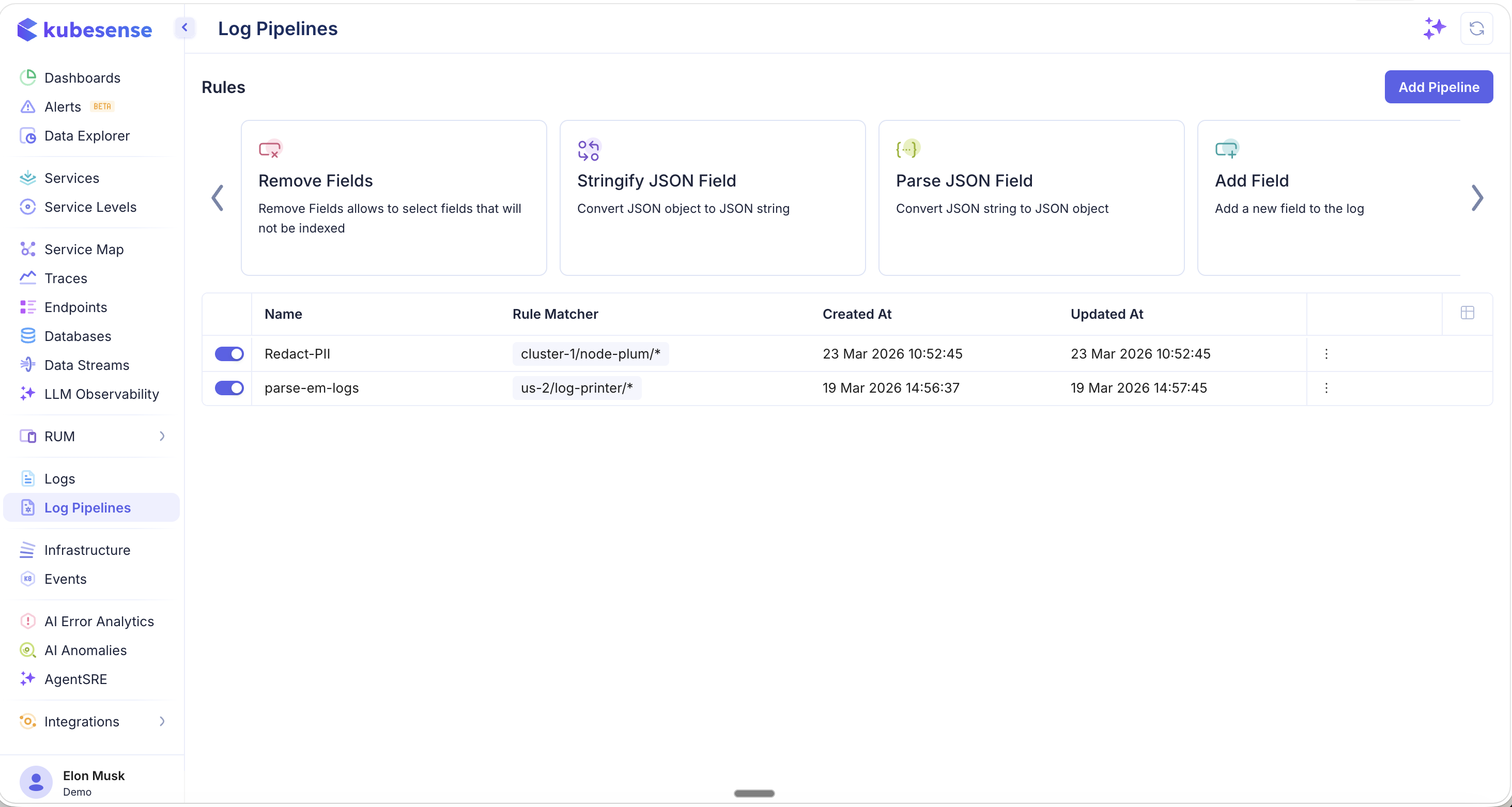 Rule Types — Remove Fields, Stringify JSON, Parse JSON, Add Field
