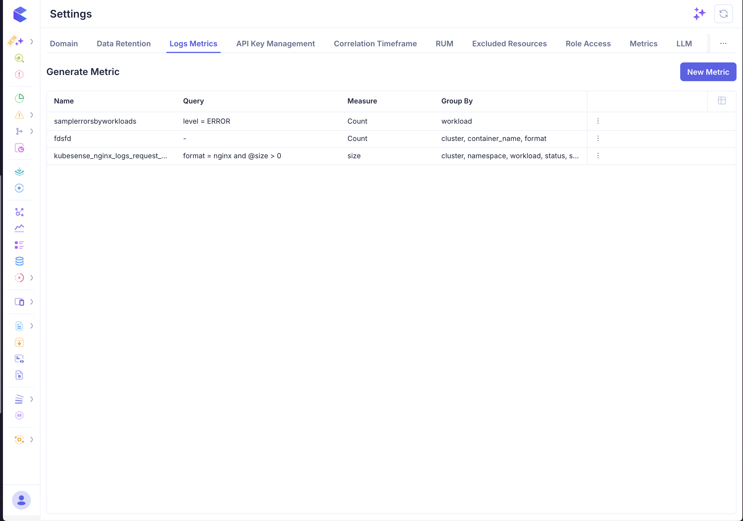 Log Metrics list