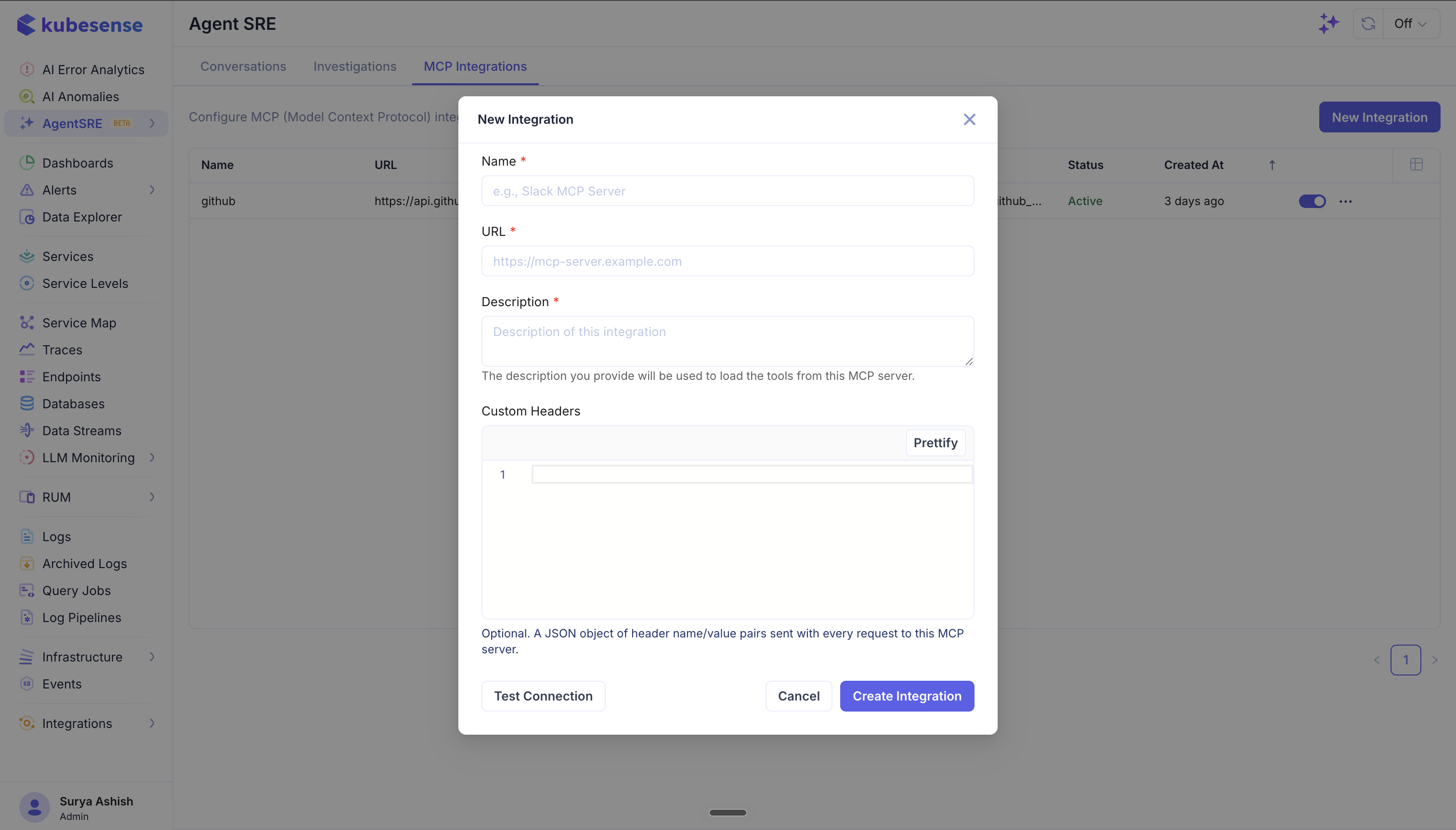 New Integration dialog