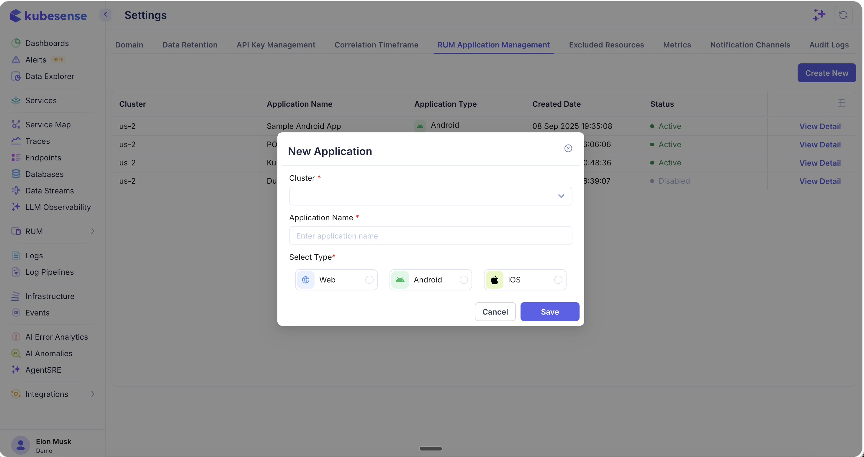 Settings — Add New RUM Application