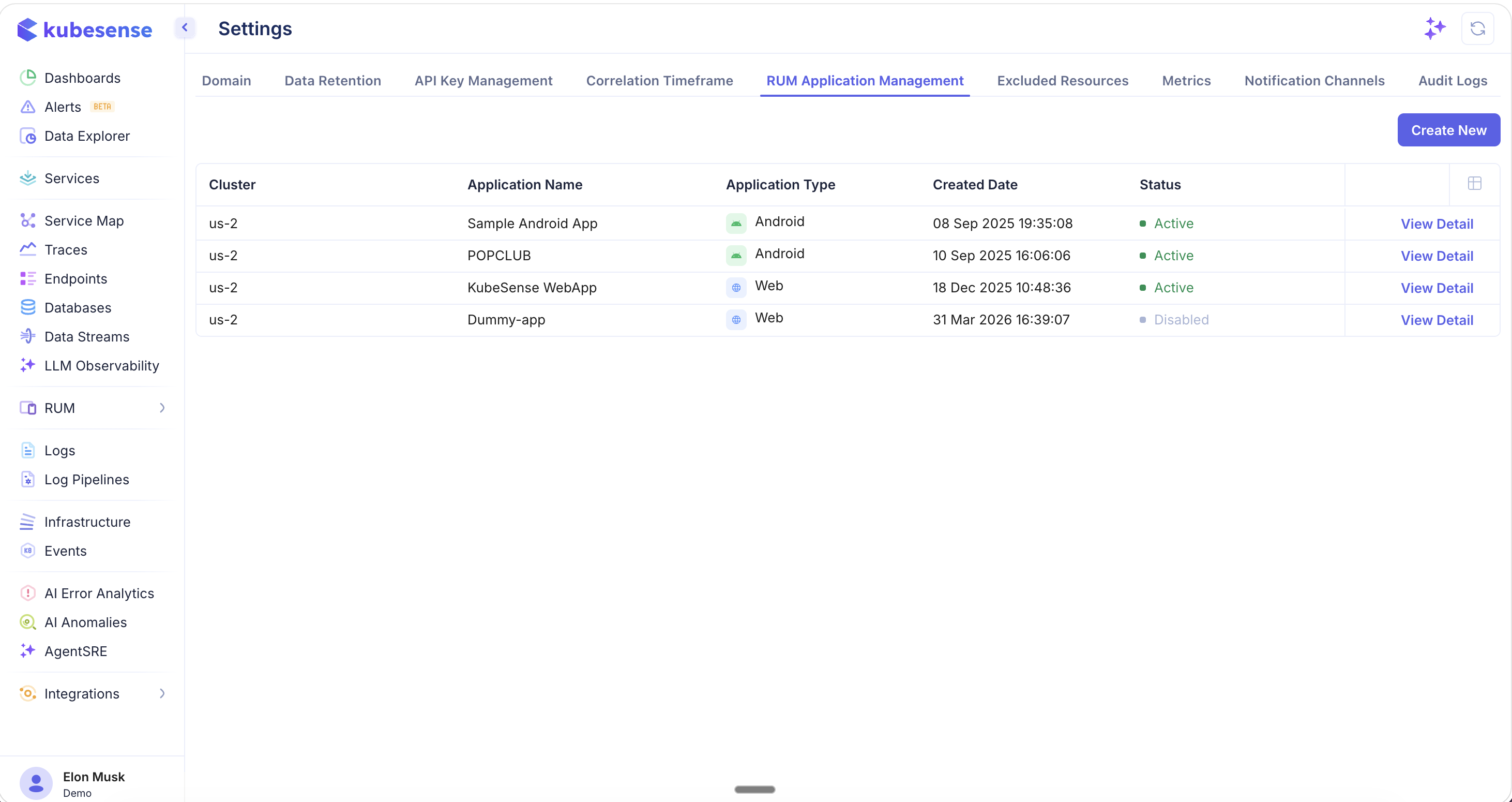 Settings — RUM Application Management