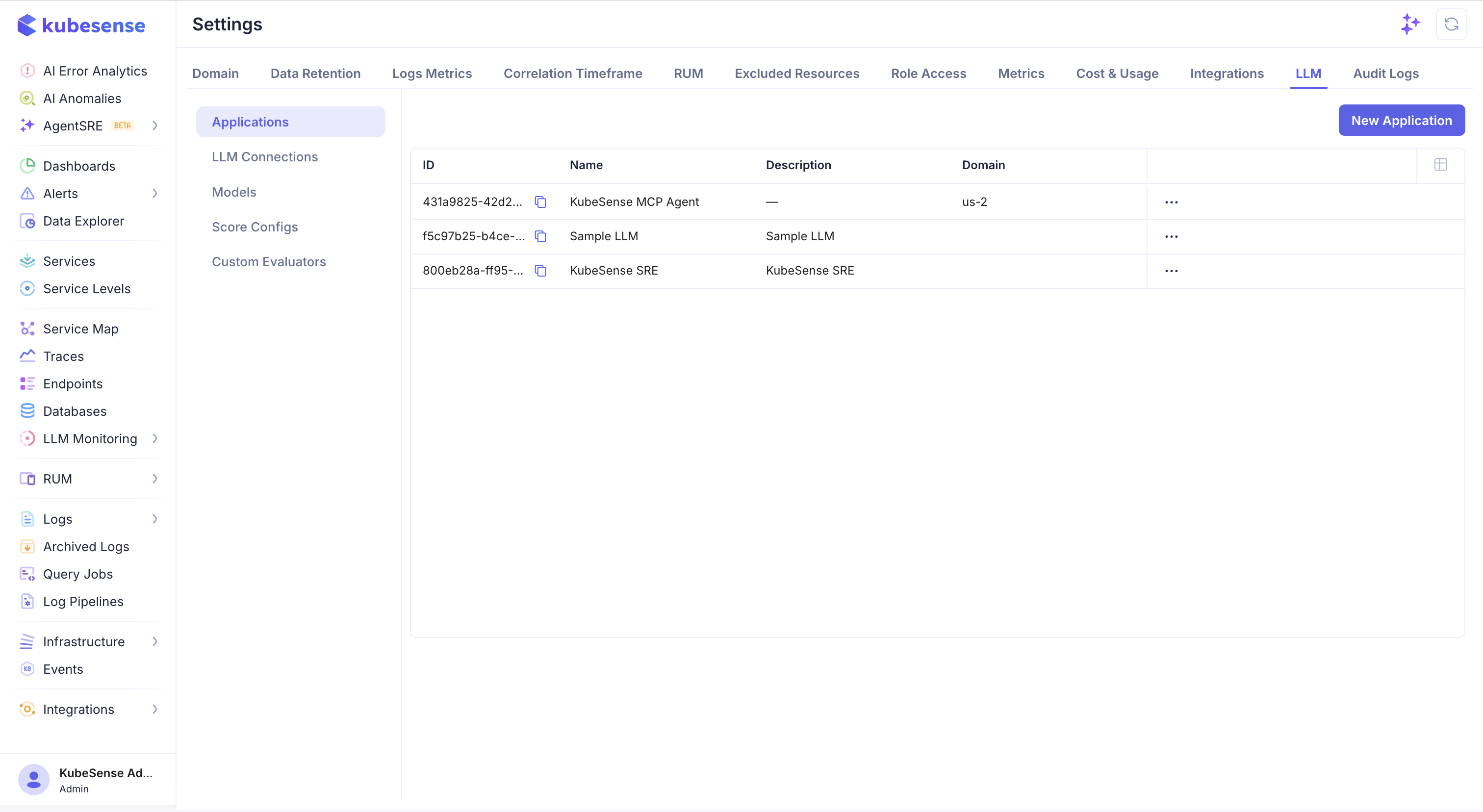 LLM Applications settings page