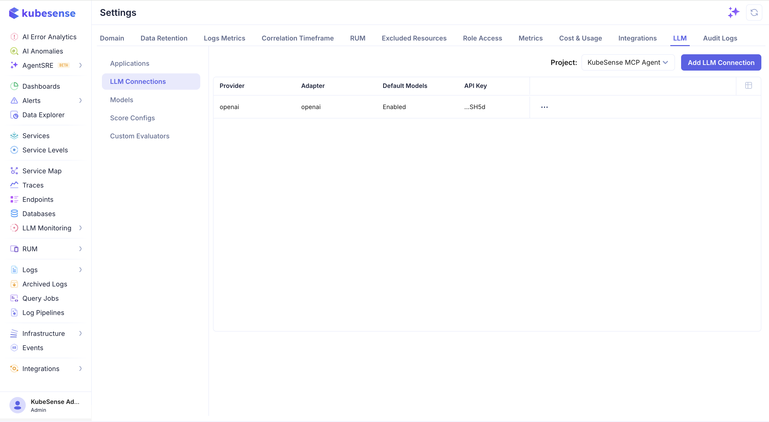 LLM Connections settings page