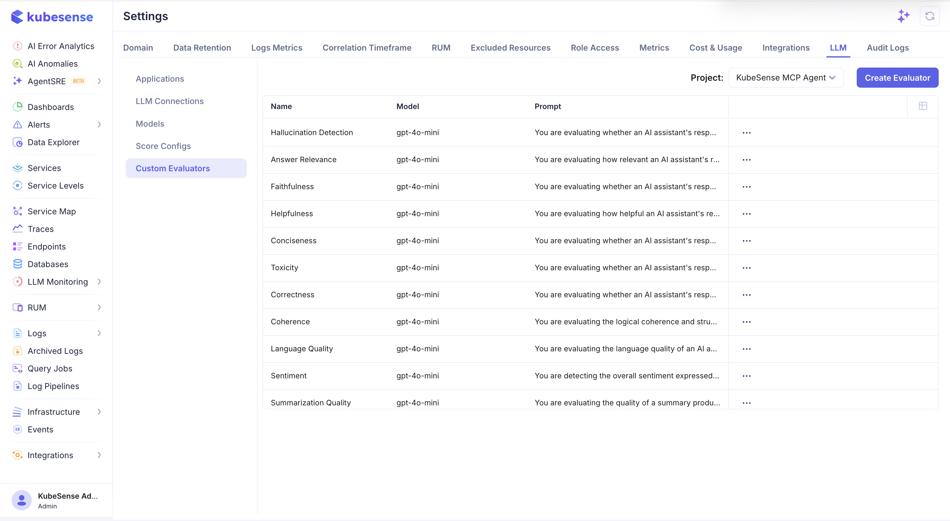 LLM Custom Evaluators settings page