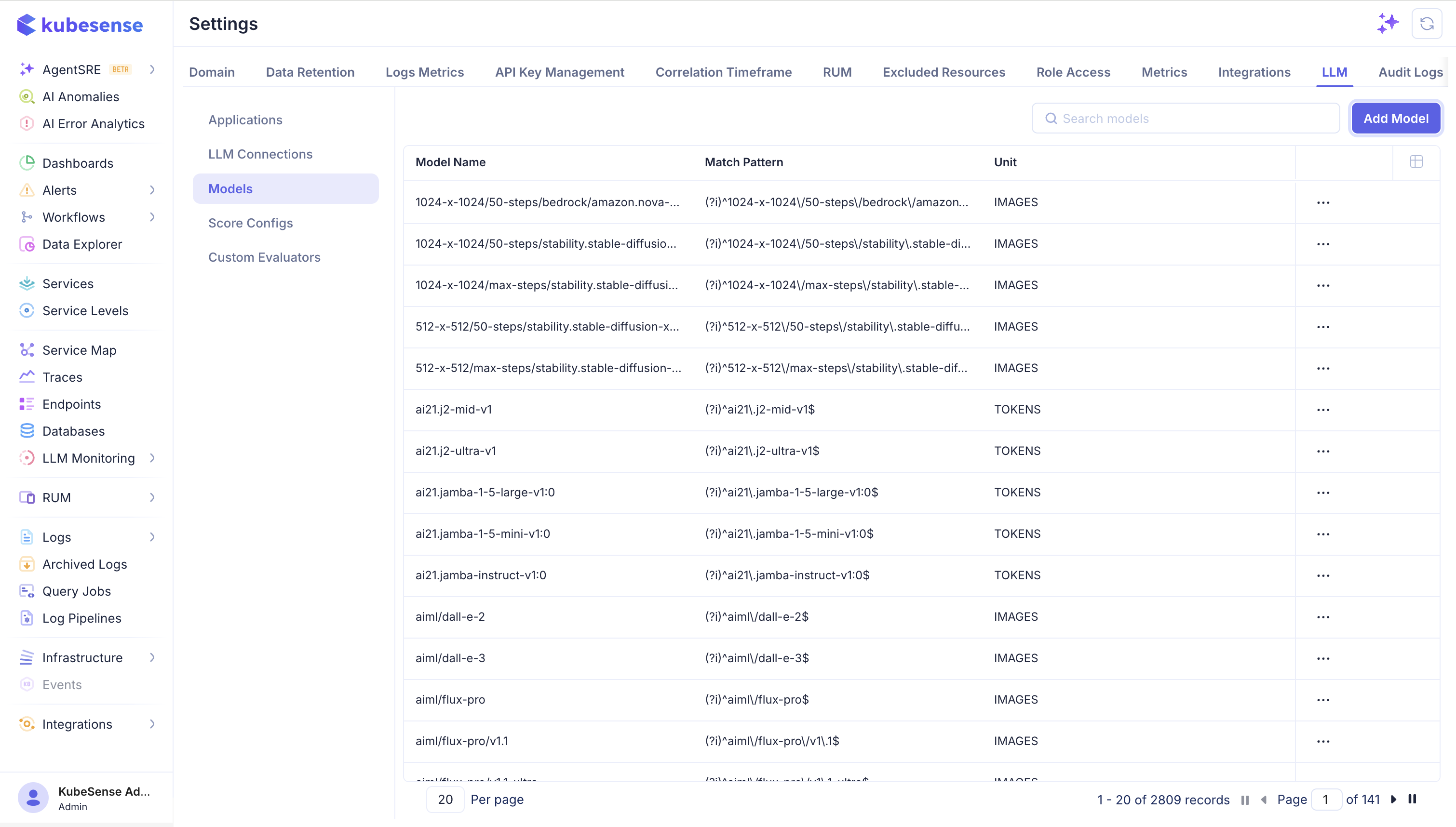 LLM Models settings page