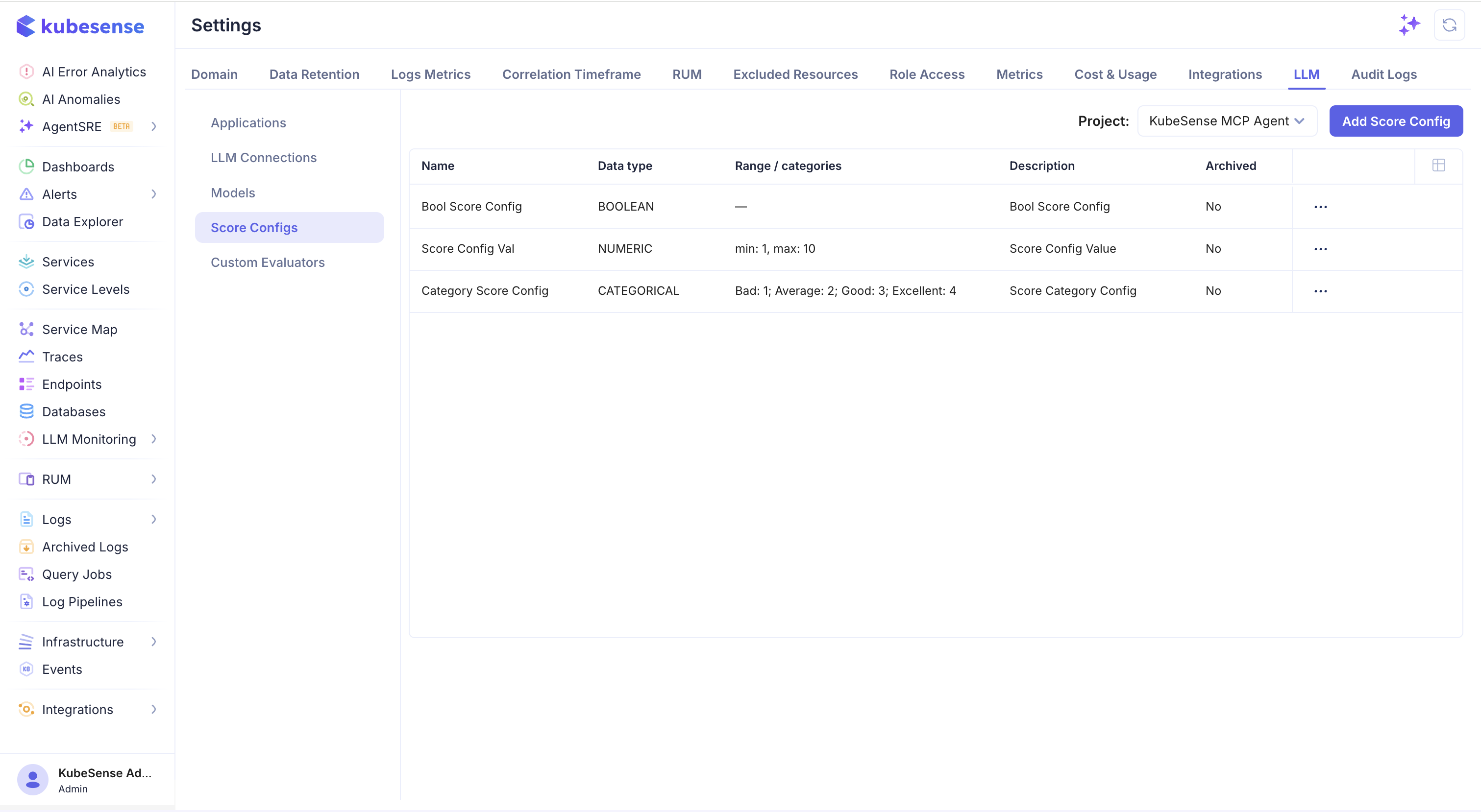 LLM Score Configs settings page