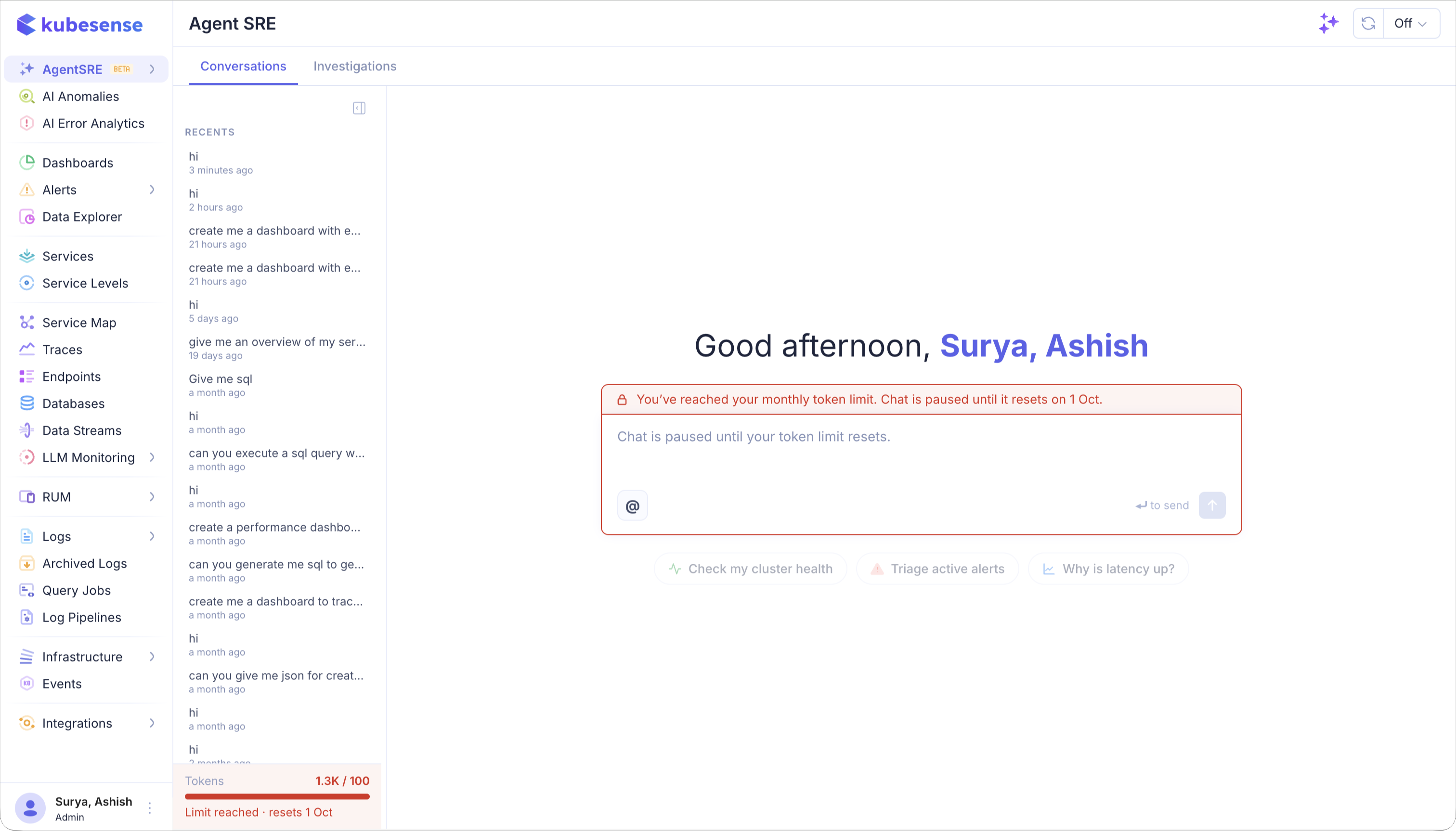 Agent SRE — Ask after the monthly limit is reached