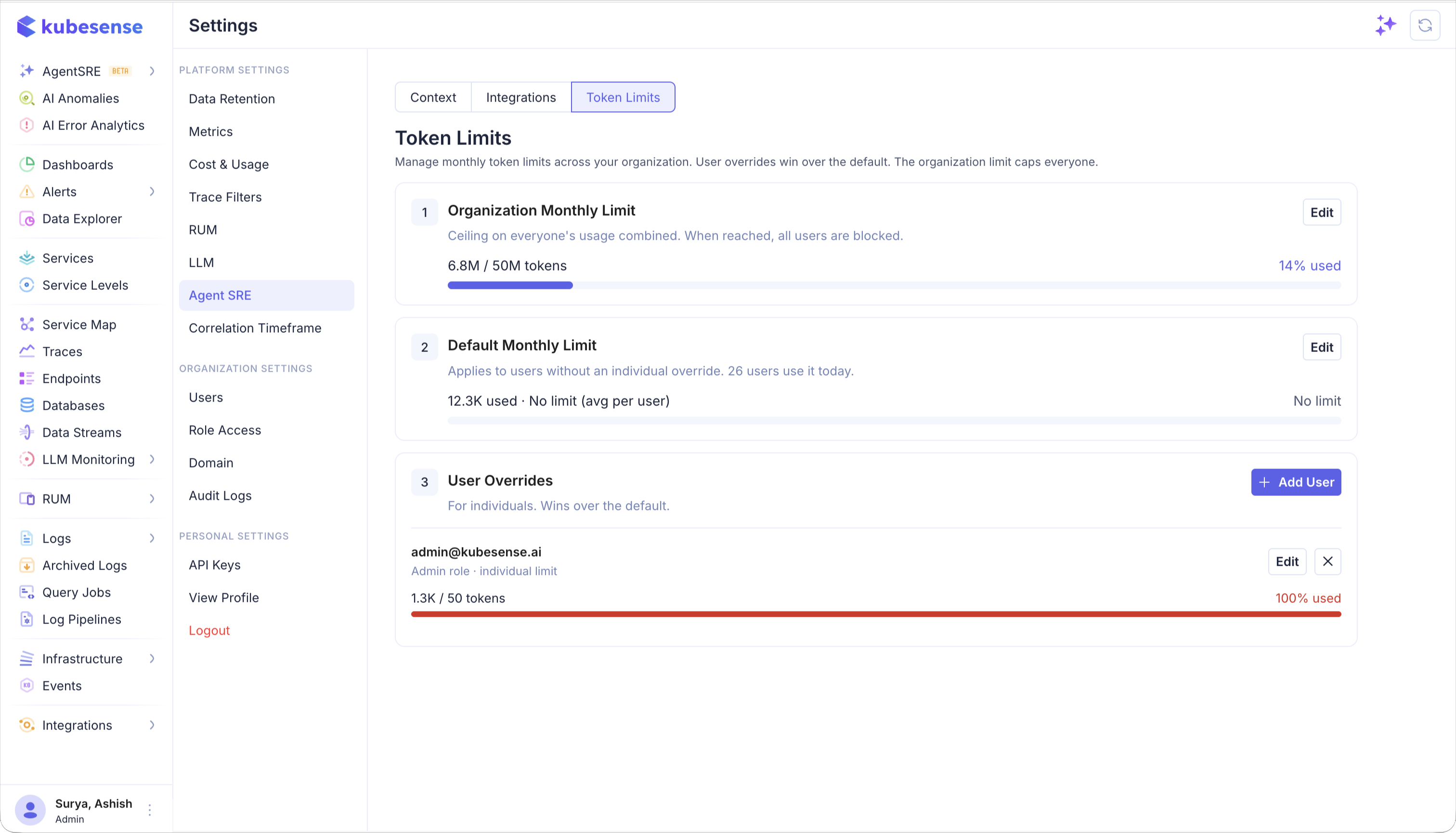 Settings — Agent SRE Token Limits