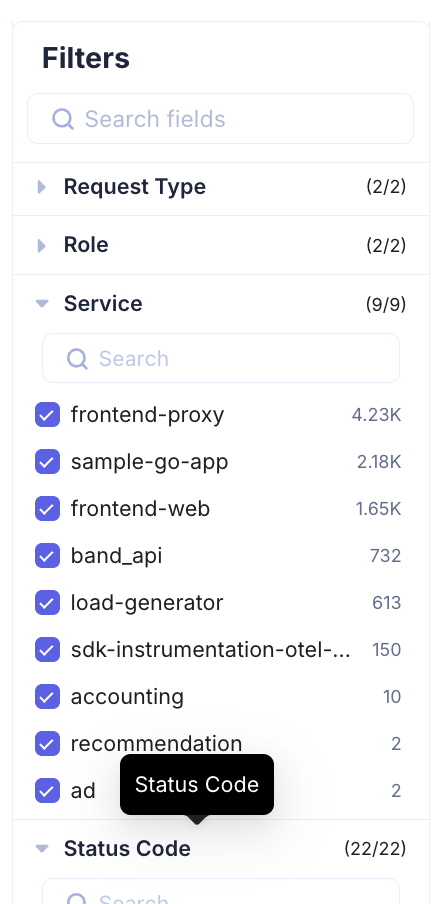 Traces — Service and Role Filters