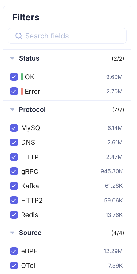 Traces — Status, Protocol, and Source Filters